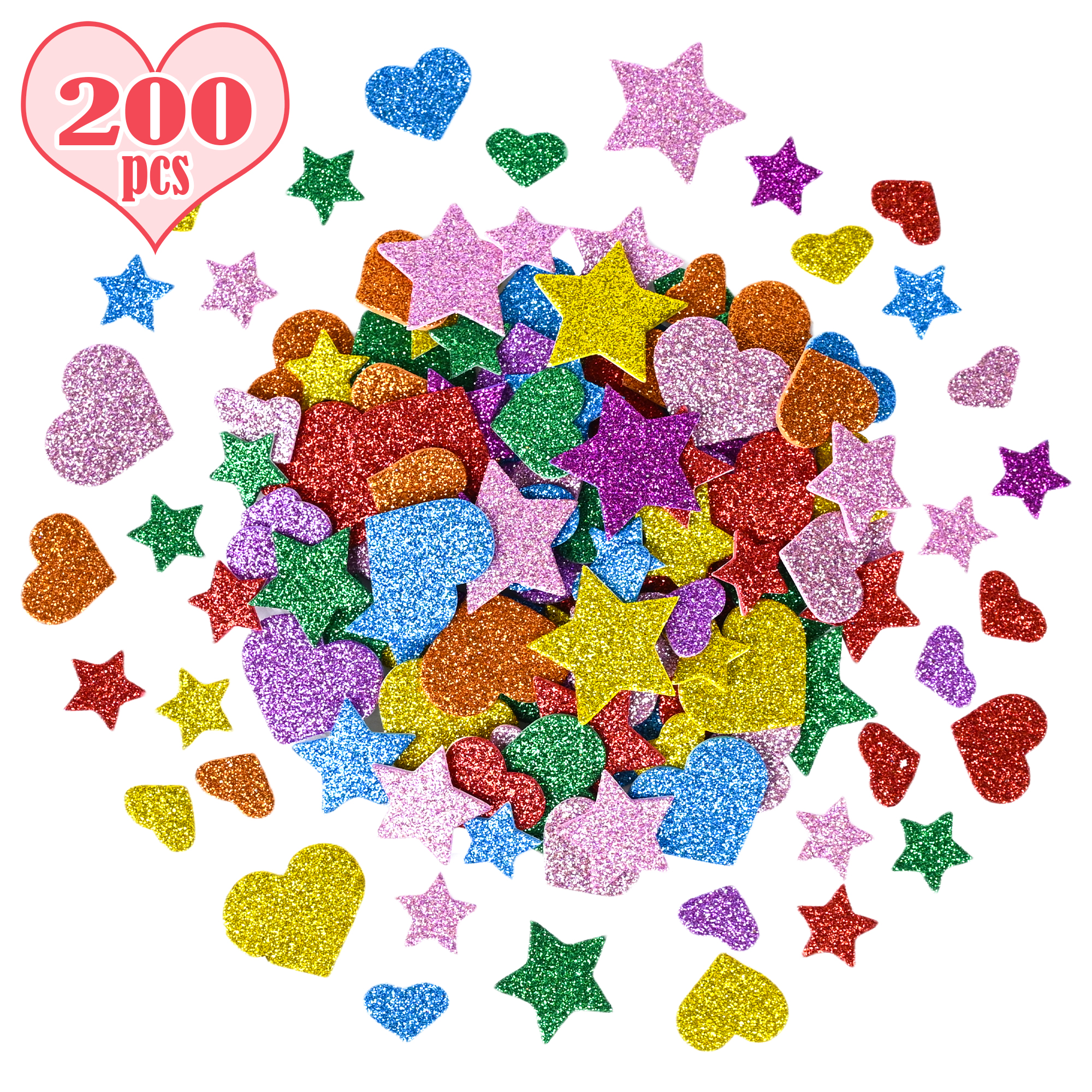 Pieces Colorful Glitter Foam Stickers - Self-Adhesive Stars & Mini Heart Shapes, Perfect for Kids' Arts and Crafts