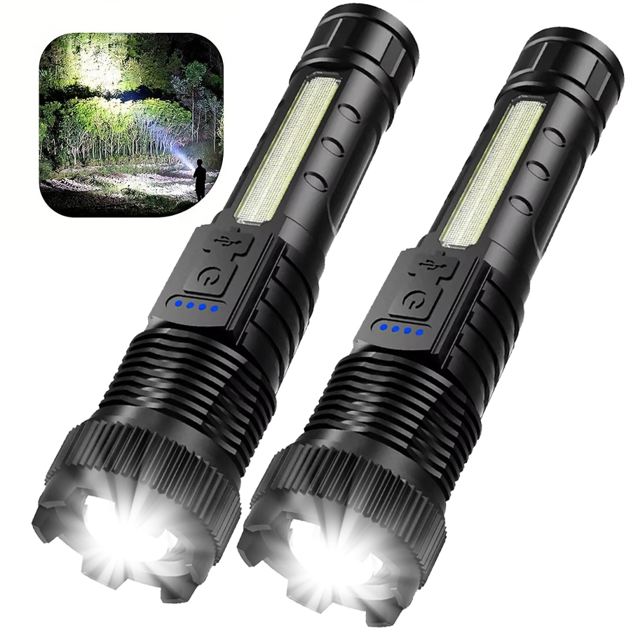 Telescopic Zoom Tactical Flashlight Rechargeable LED Torch with Lighting Modes, Waterproof, Long-Range for Camping