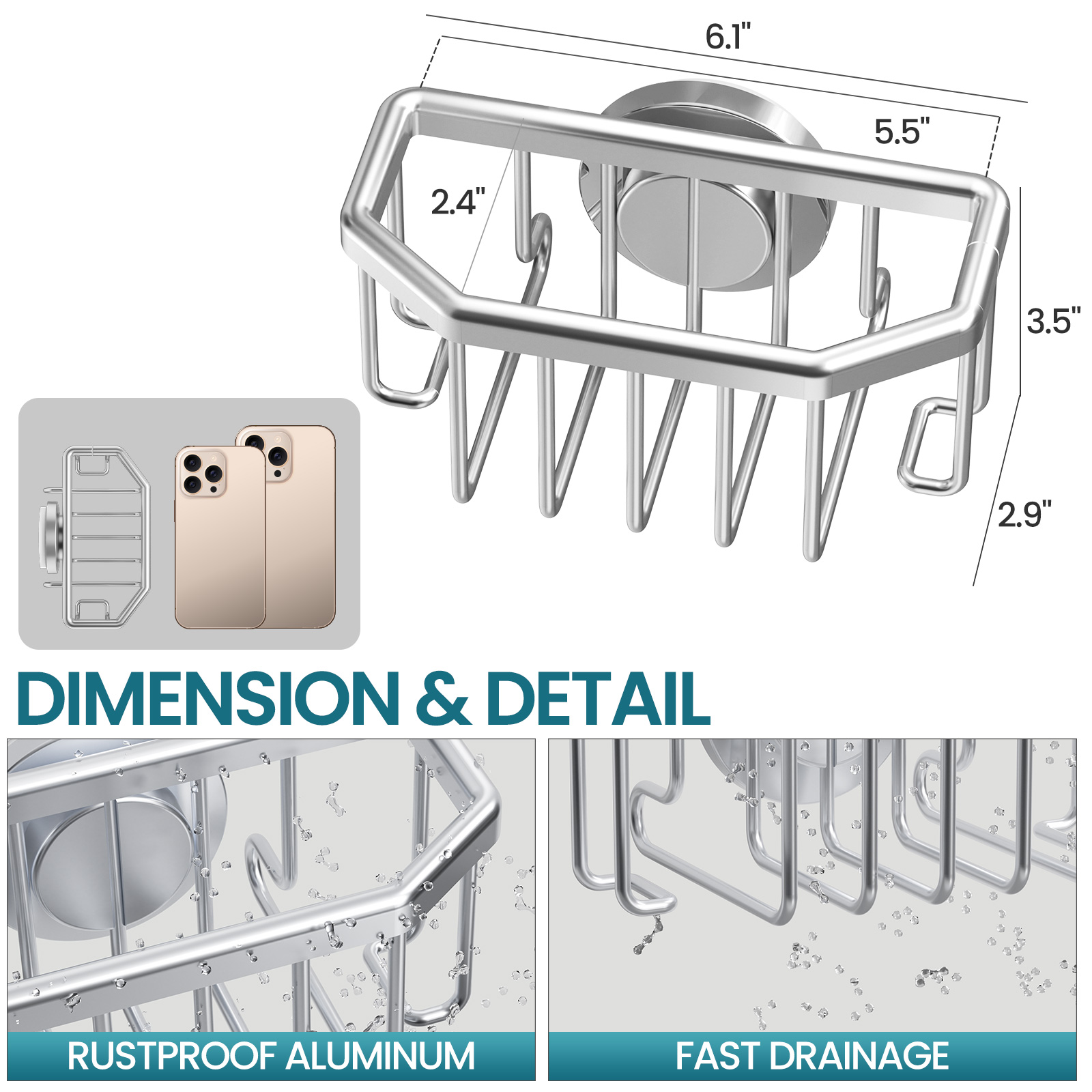 TAILI Rustproof Aluminum Sink Caddy with Strong Suction Cup  Removable Sponge & Brush Holder for Kitchen Sink