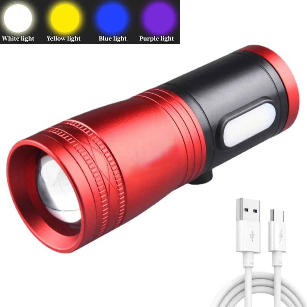 Portable Fishing LED Flashlight Waterproof Type C Rechargeable Lantern with  Light Sources  Blue, Purple, White