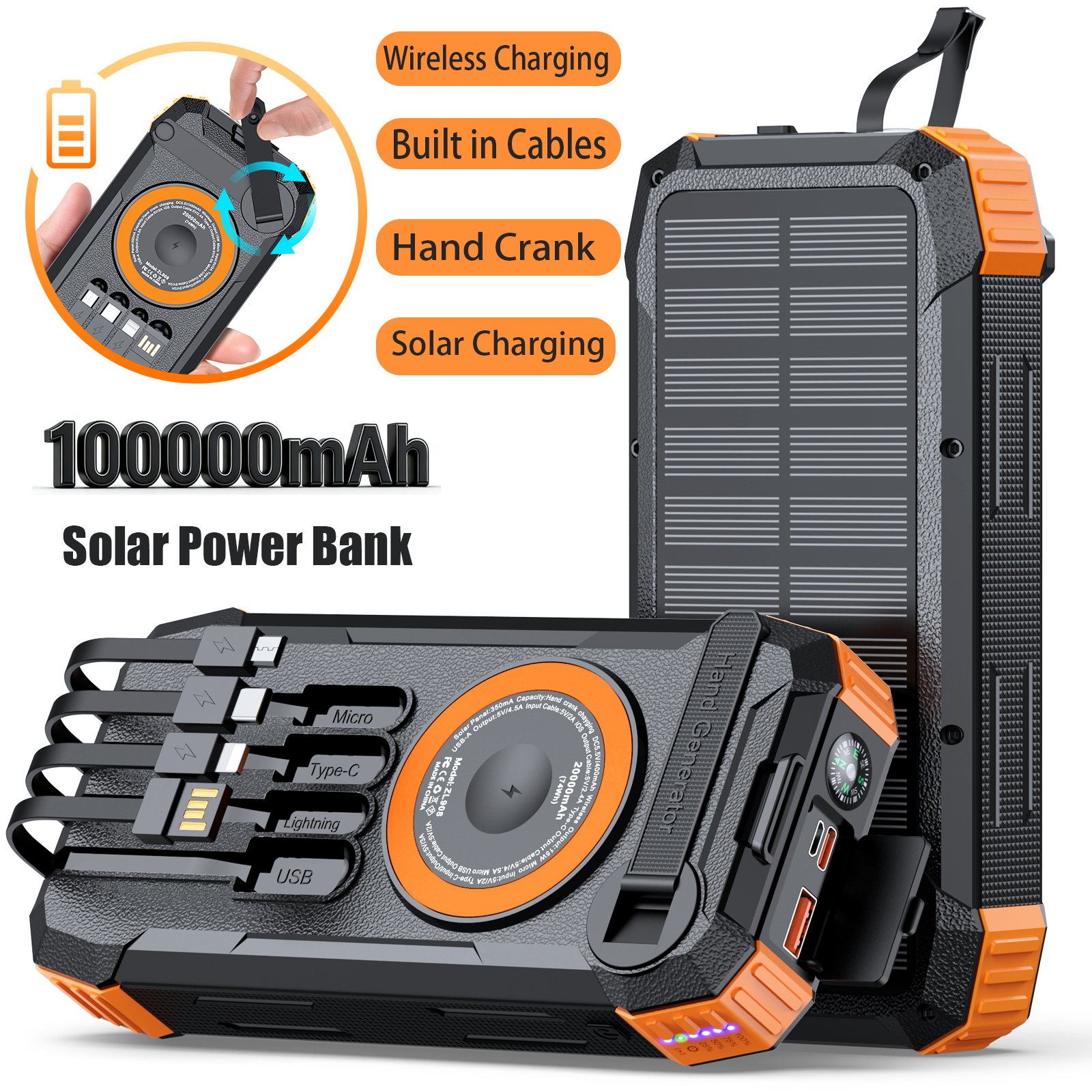 High Capacity Solar Power Bank with Wireless Charger & Hand Crank LED Light