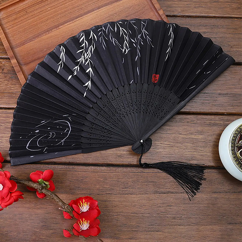 Elegant Black Chinese Folding Fan for Dance, Parties and Vintage Style