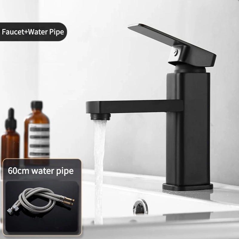 Matte Black Bathroom Faucet Hot Cold Mixer Tap Square Deck Mounted Basin Faucet