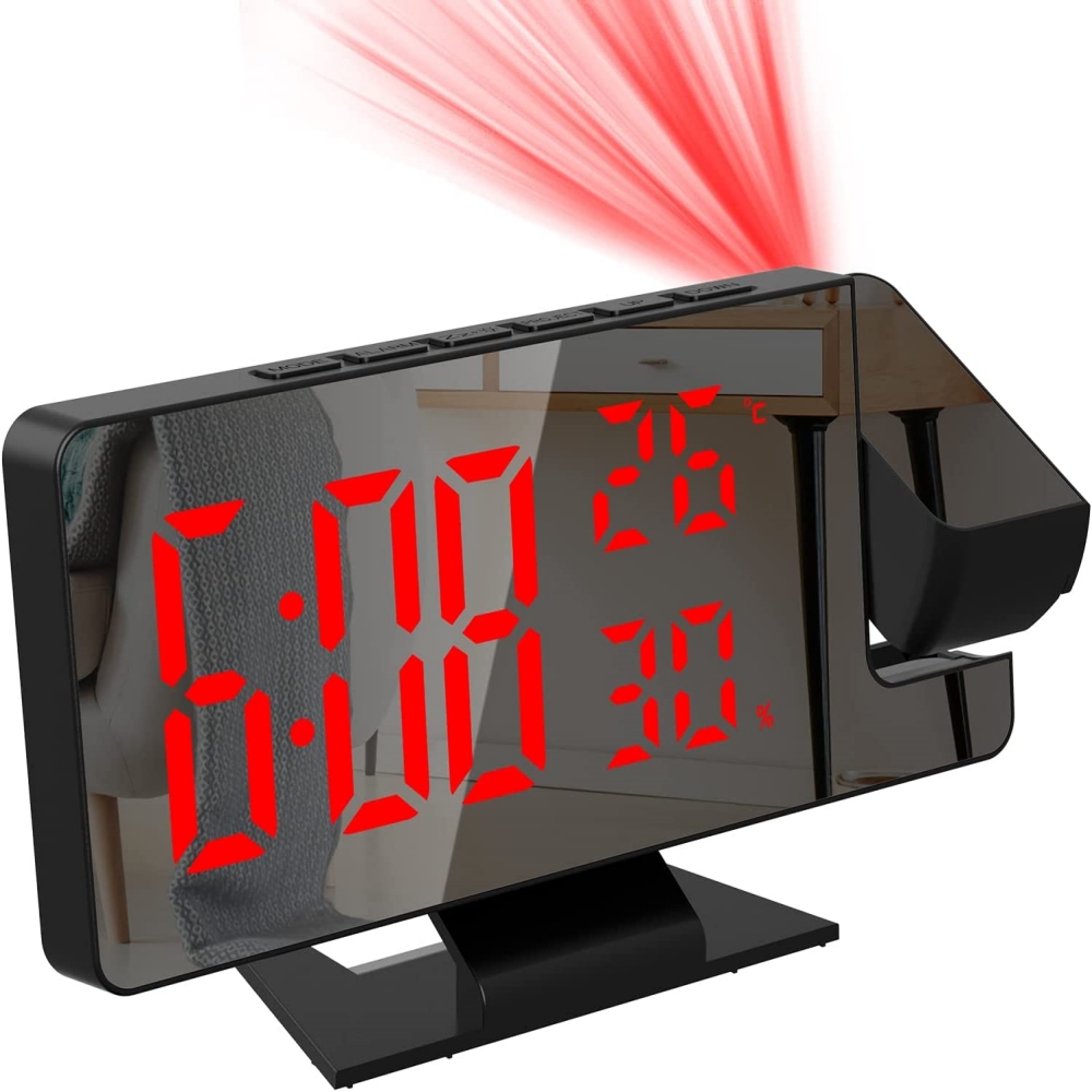 Projection Alarm Clock with LED Display, Temperature & Humidity, USB Powered Ceiling Clock