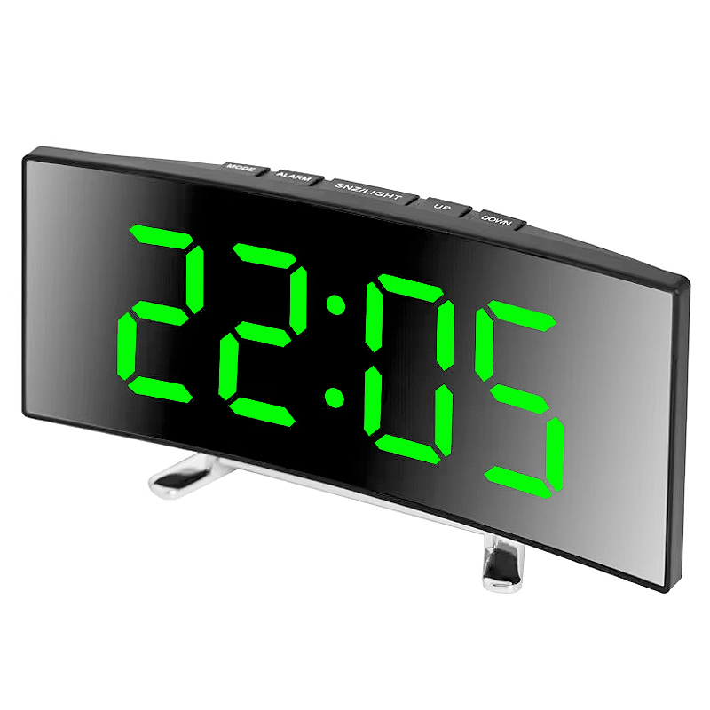 Curved LED Mirror Alarm Clock with Large Display, USB & Battery Powered Digital Bedside Clock