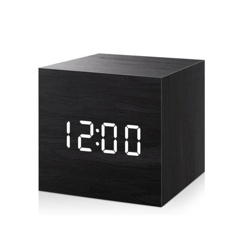 Wooden Digital Alarm Clock with Voice Control LED Display USB Powered Bedside Clock