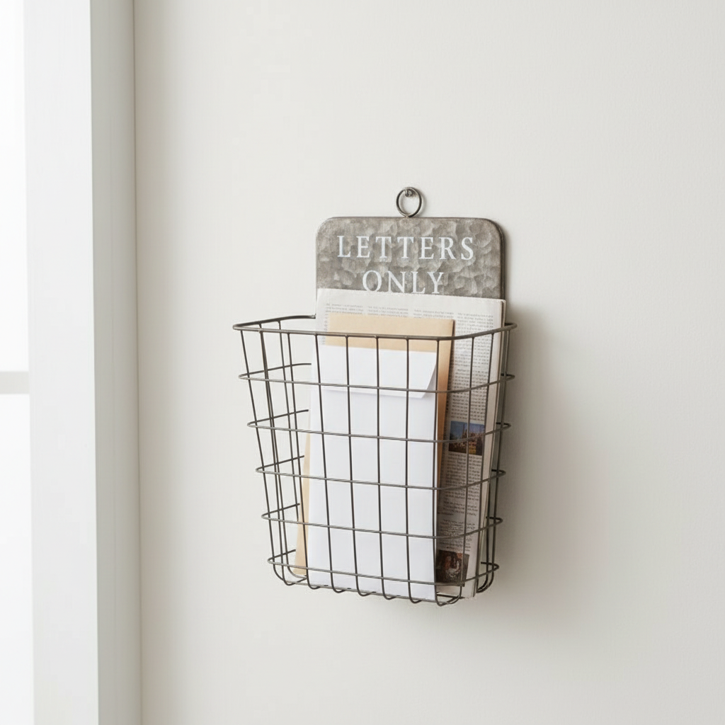 Rustic Wall Mounted Mail Holder Vintage Metal Letter Organizer Basket for Home & Office