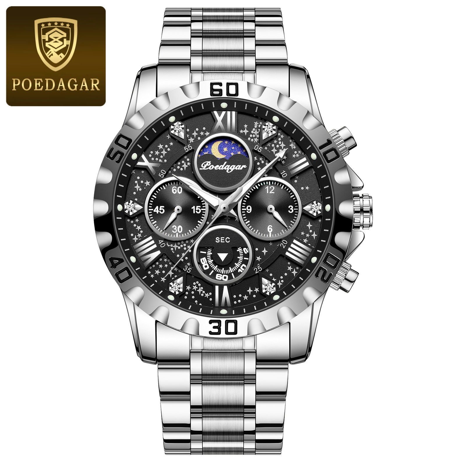 Luxury Mens Chronograph Watch Waterproof Stainless Steel Quartz Sports Watch