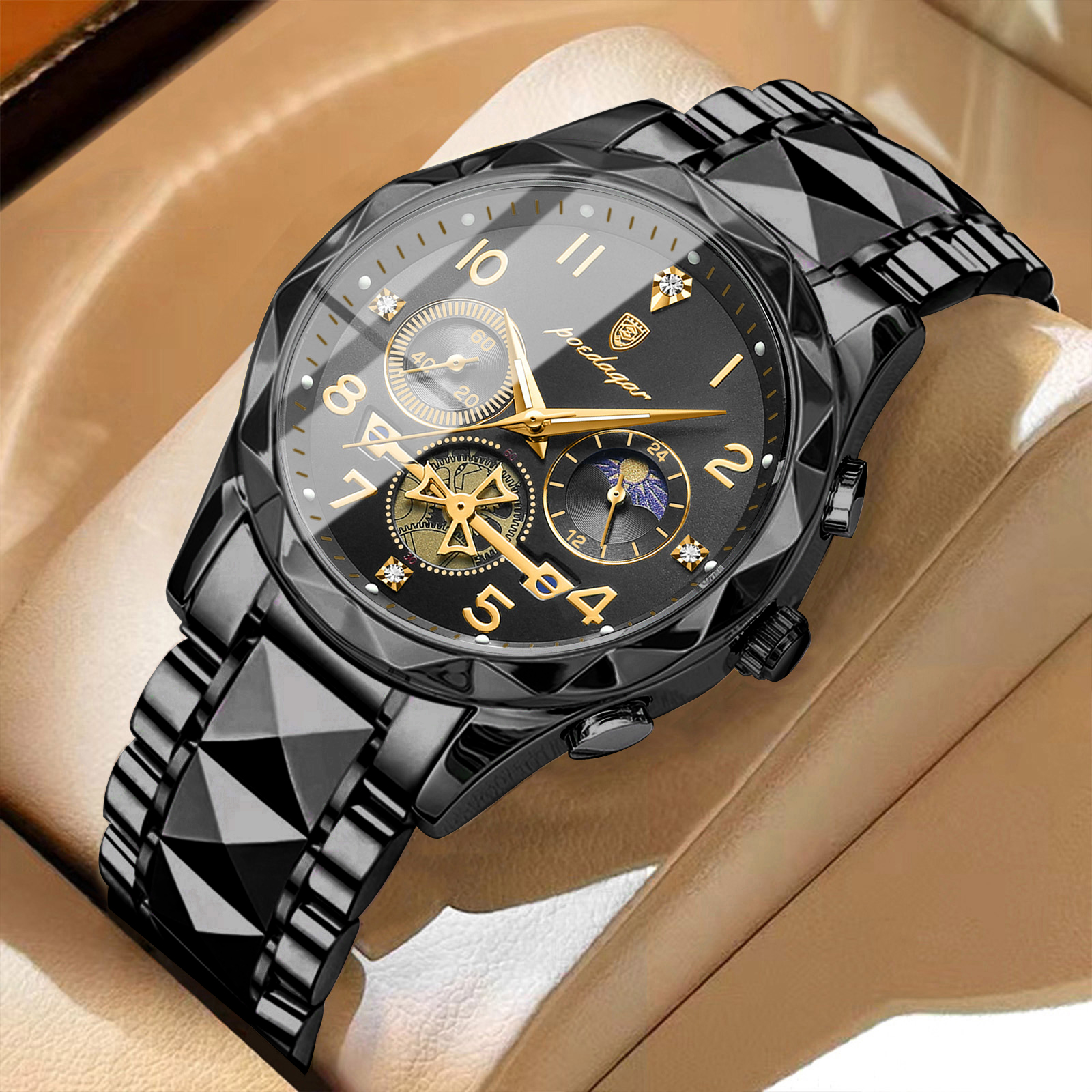 Luxury Mens Chronograph Watch Waterproof Luminous Stainless Steel Quartz Watch