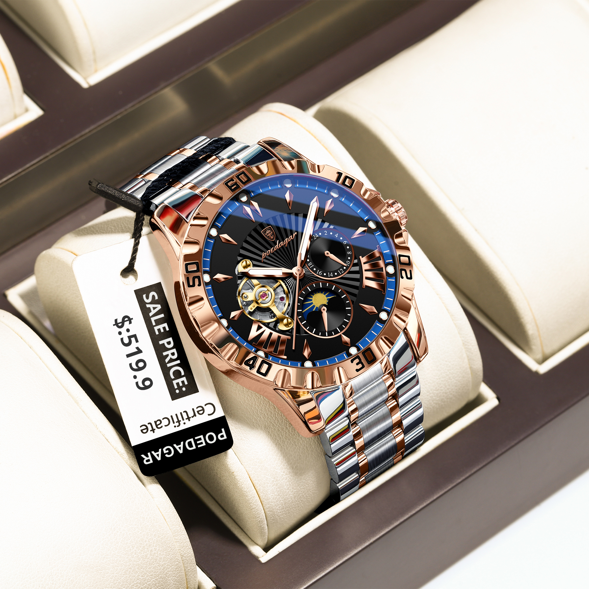 Luxury Automatic Mechanical Watch for Men Stainless Steel Luminous Tourbillon Design