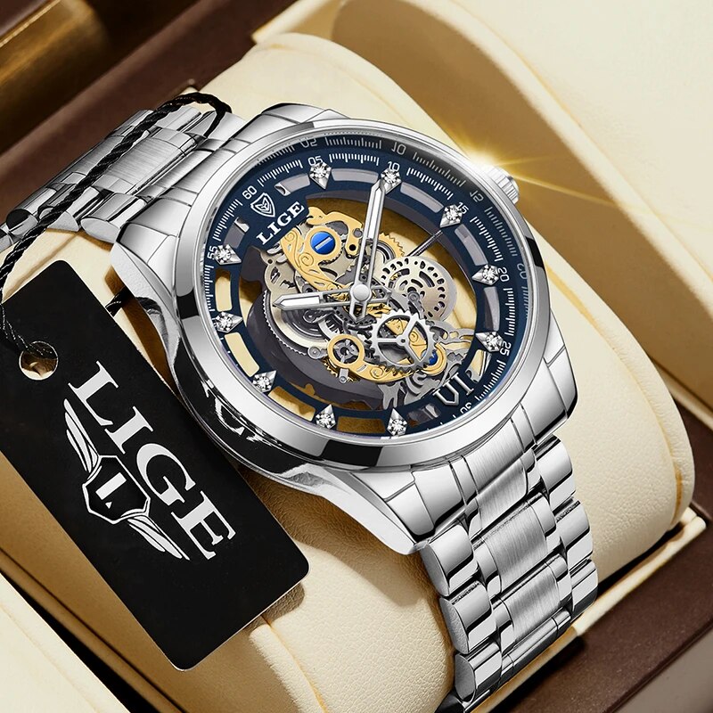 Skeleton Quartz Watch for Men Luxury Gold Stainless Steel Wristwatch