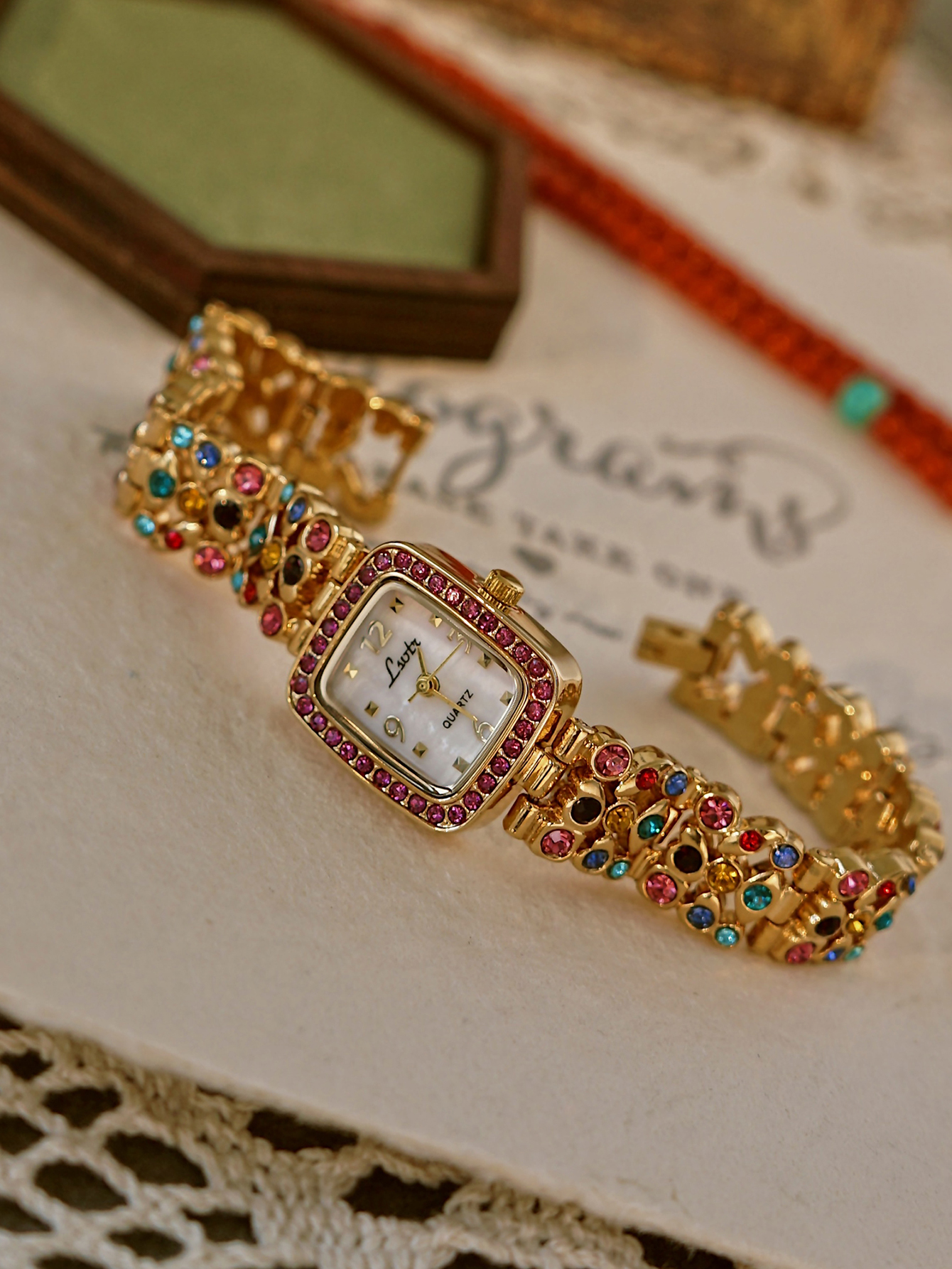 Women's Square Quartz Watch with Rhinestone Alloy Band and Mother-of-Pearl Dial