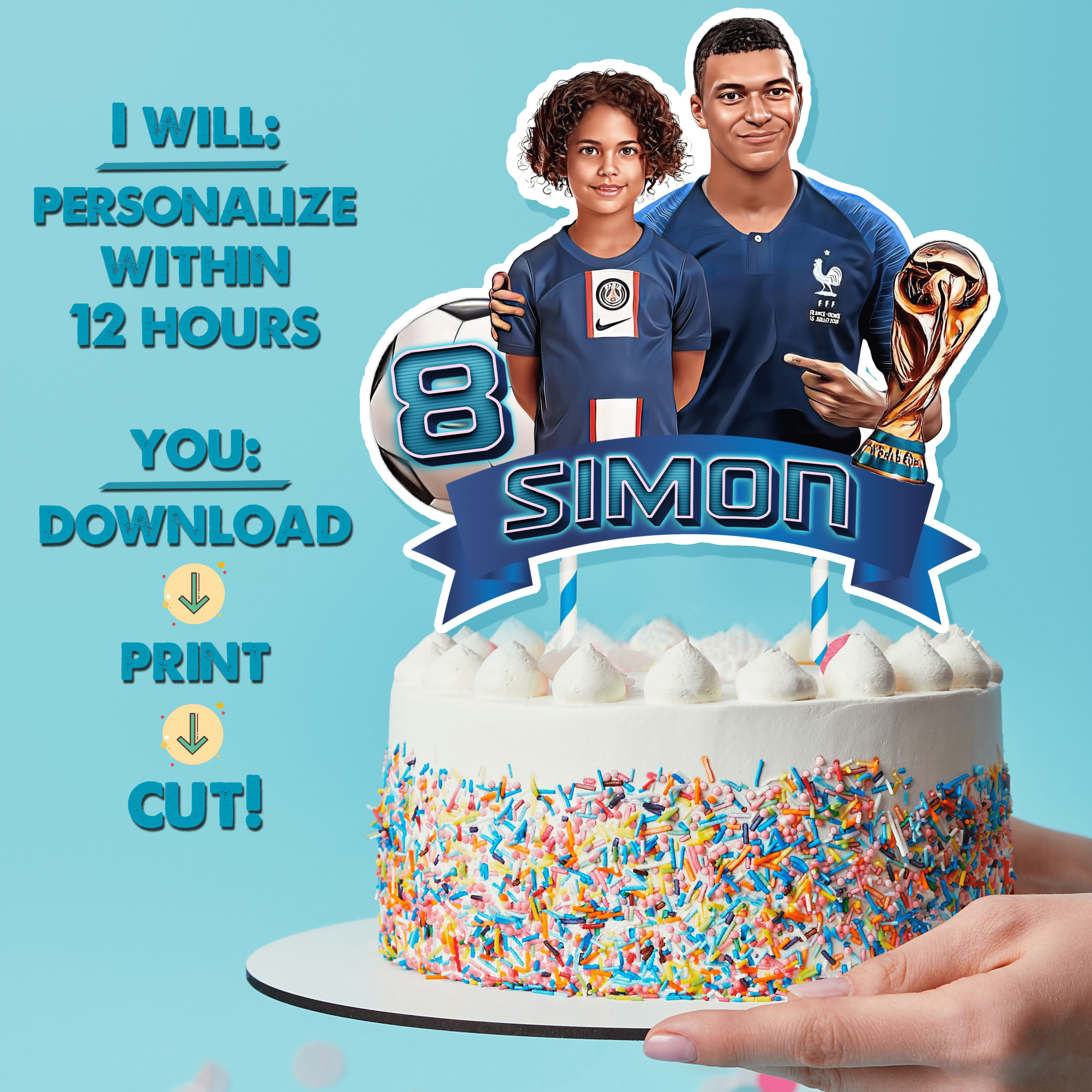 Mbappe Printable cake topper WITH PHOTO, Mbappe Soccer Digit | Inspire ...
