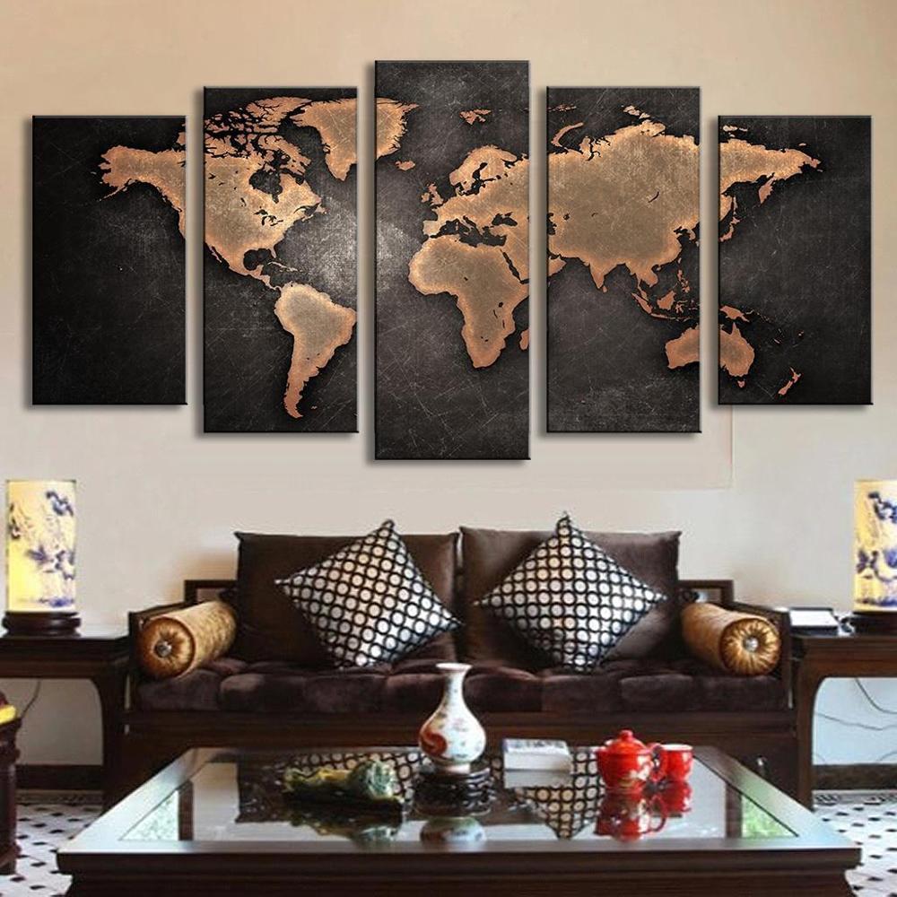 Vintage World Map Rustic Abstract Art Large Framed 5 Pieces | Inspire ...