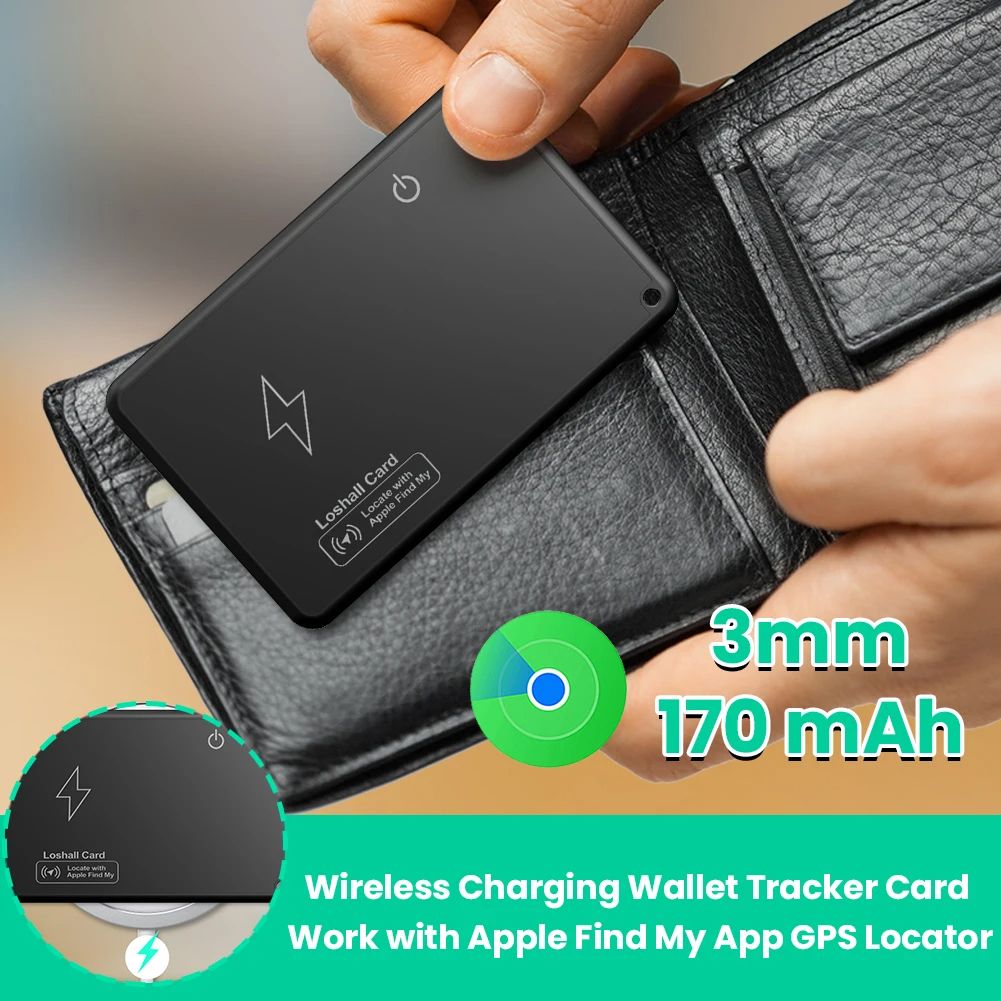 Ultra Thin Wallet Tracker Card with Wireless Charging, Compatible with Apple Find My & iOS Devices
