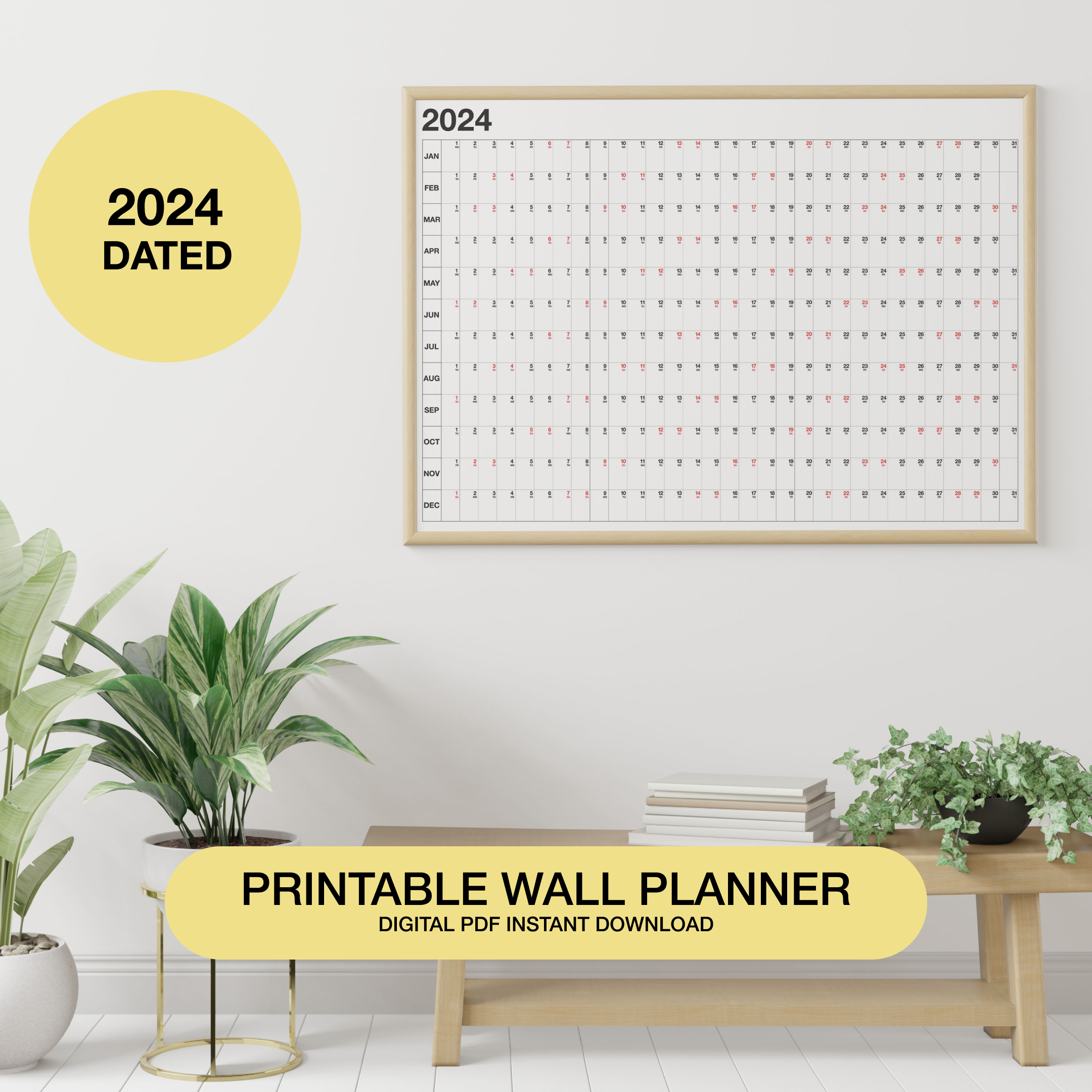 Printable wall planner 2024 | Horizontal wall dated planner | Inspire