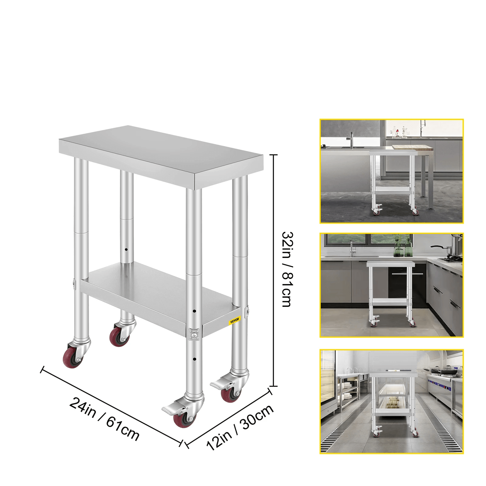 Stainless Steel Work Bench Table, Heavy-Duty Kitchen Worktable with Wheels for Commercial & Home Use