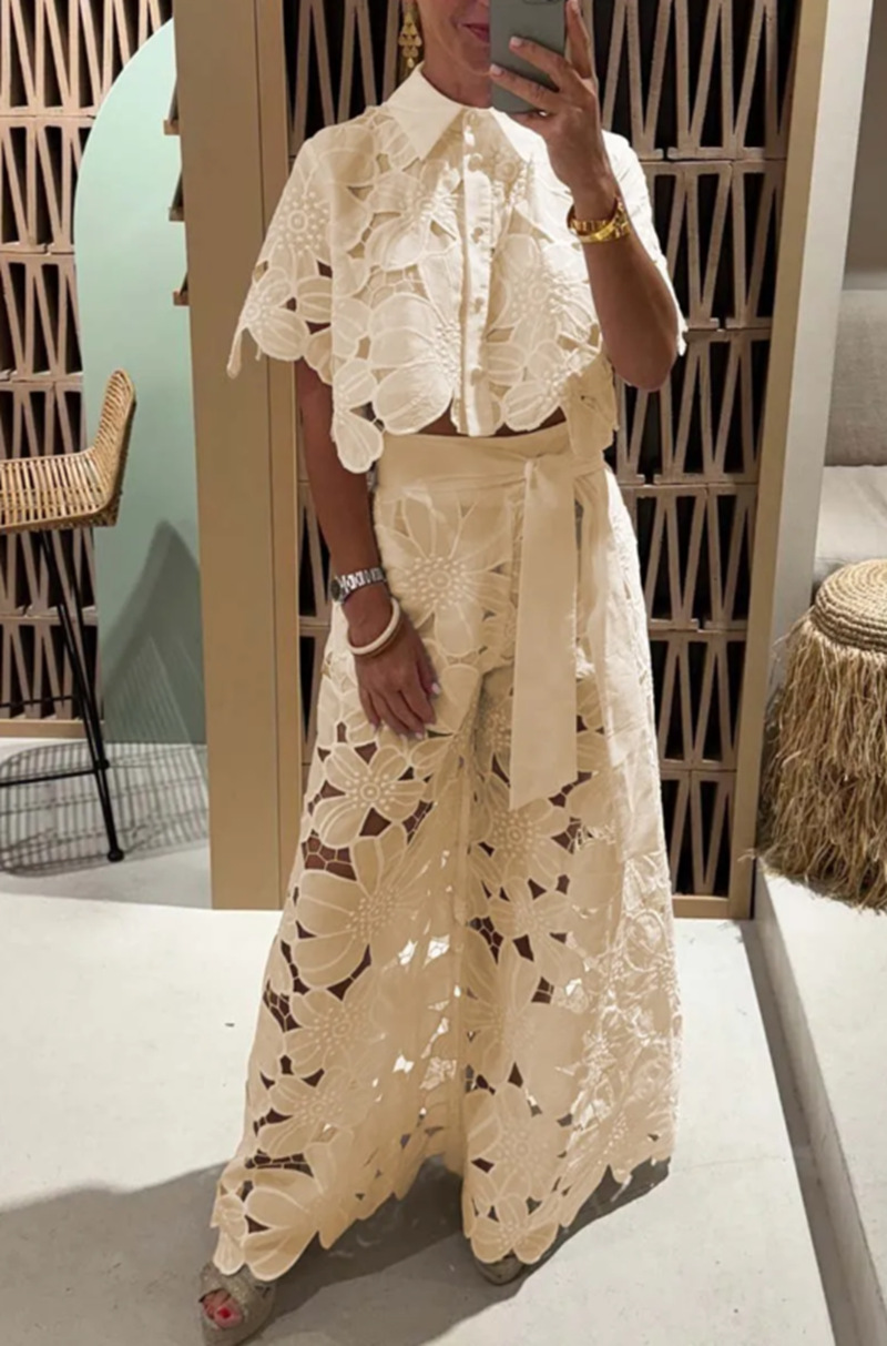 Fashionable Women's 2-Piece Outfit, Single-Breasted Shirt & Wide-Leg Pants Set | Elegant Hollow Suit for Casual Wear