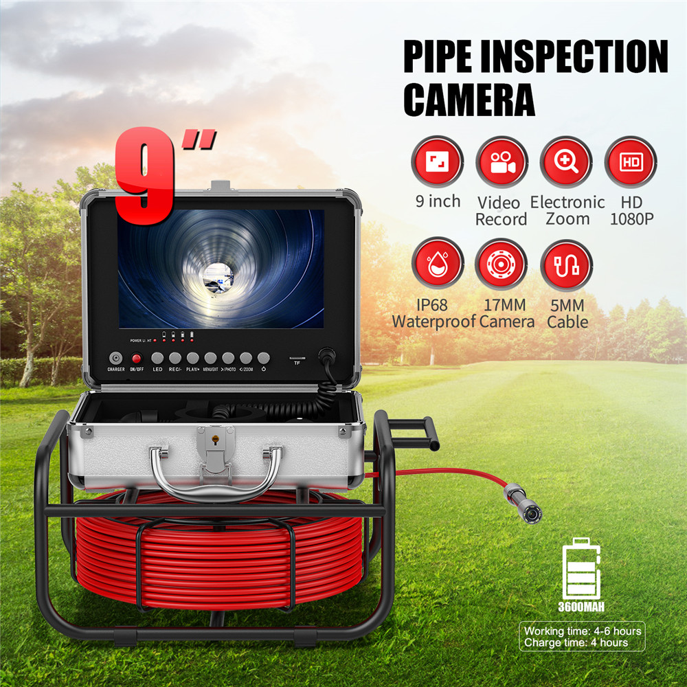 30M Pipe Inspection Camera with 9" DVR Monitor, IP68 17mm Borescope for Drain, Sewer Pipeline, Industrial Endoscope