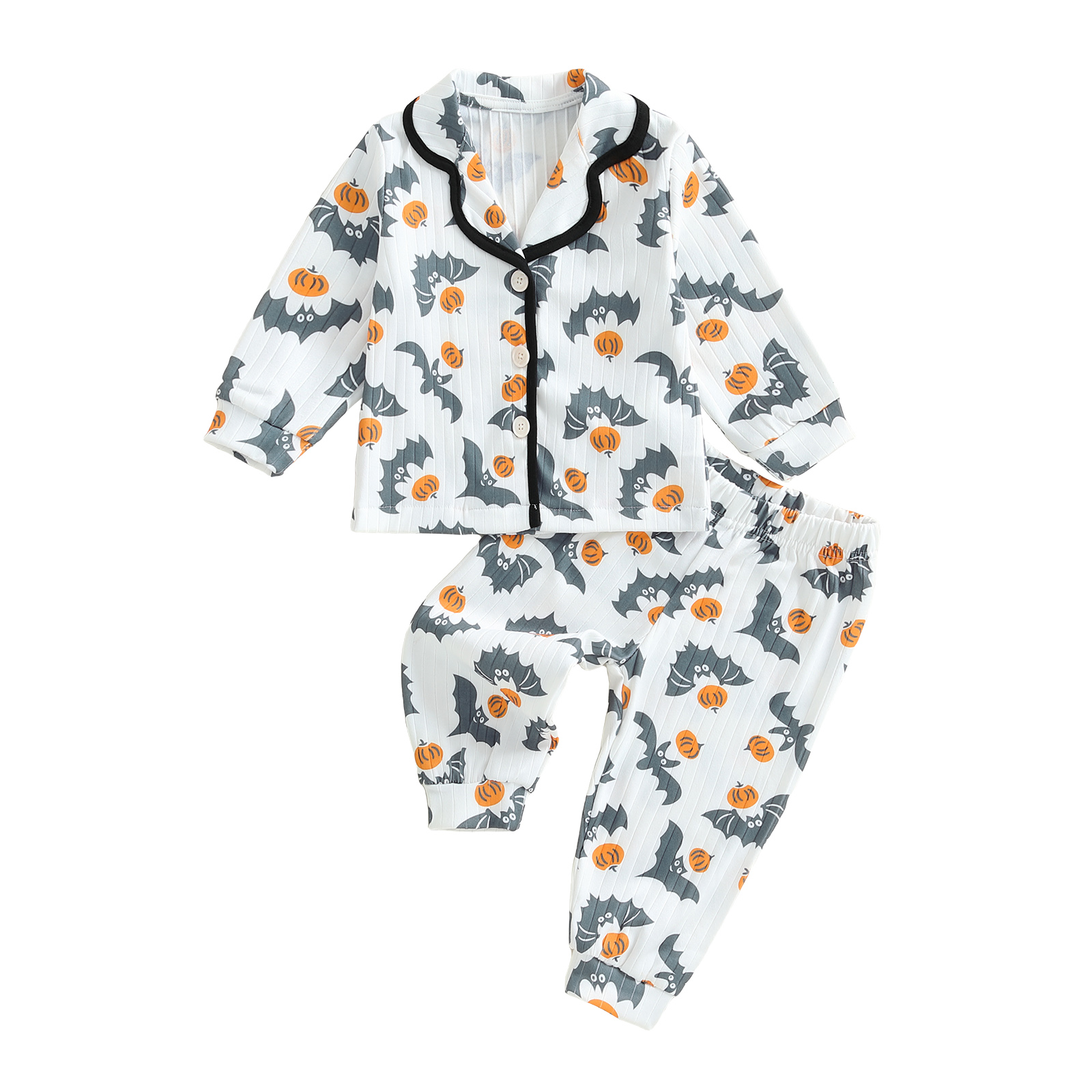 Toddler Baby Girl 2025 Halloween Pajama Set, Bat, Pumpkin Print Button Down Lapel Long Sleeve Top, Pants 2-Piece Set