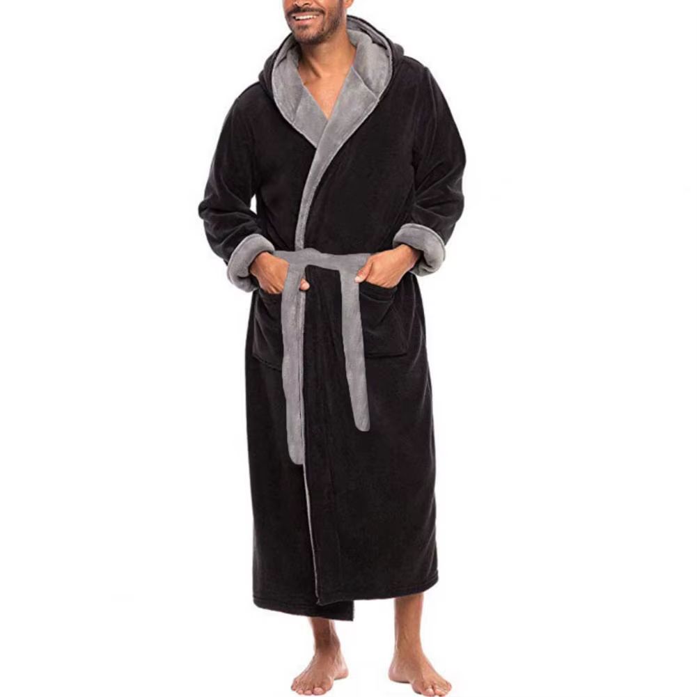 Mens Plush Bathrobe with Pockets, Soft Coral Fleece Robe, Long Sleeve Home Gown for Winter, Sleepwear, Spa
