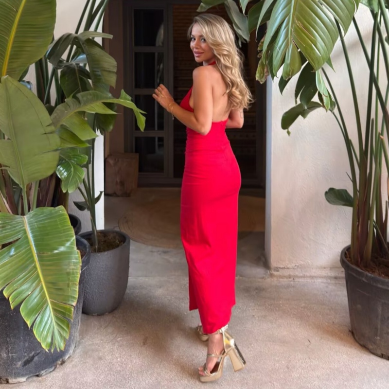 Elegant Captivating Dress For Women, Sexy Tight V Neck, Backless Ankle Length With Slit, Summer Party Dress - Red l | Quick Pick Pro