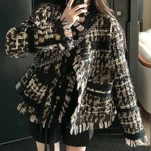 Chic Tweed Jacket, Women's Plaid Blazer with Tassel, Long Sleeve Streetwear and Office Coat for Spring Autumn