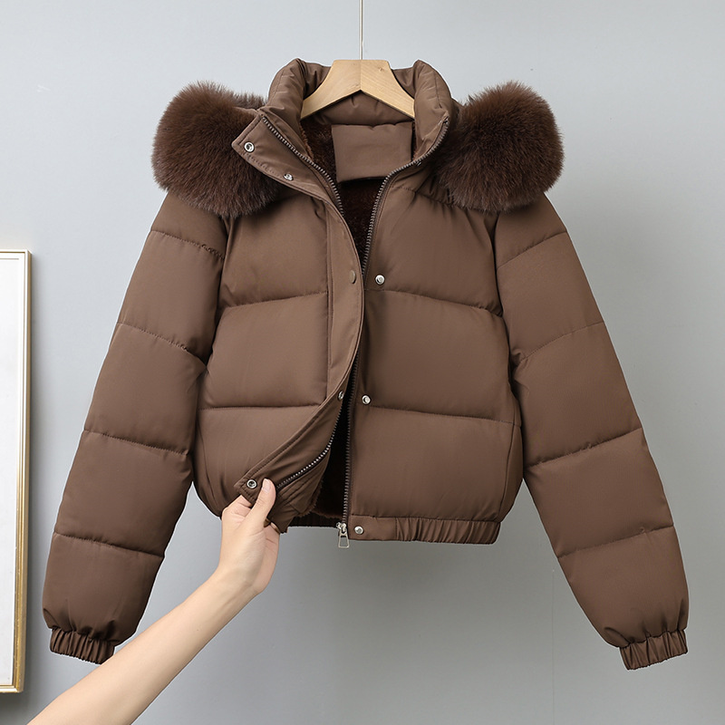 Women's Short Winter Parka, with Removable Fur Collar Hood, Thick Velvet Cotton Padding, Warm Jacket Outerwear Coat