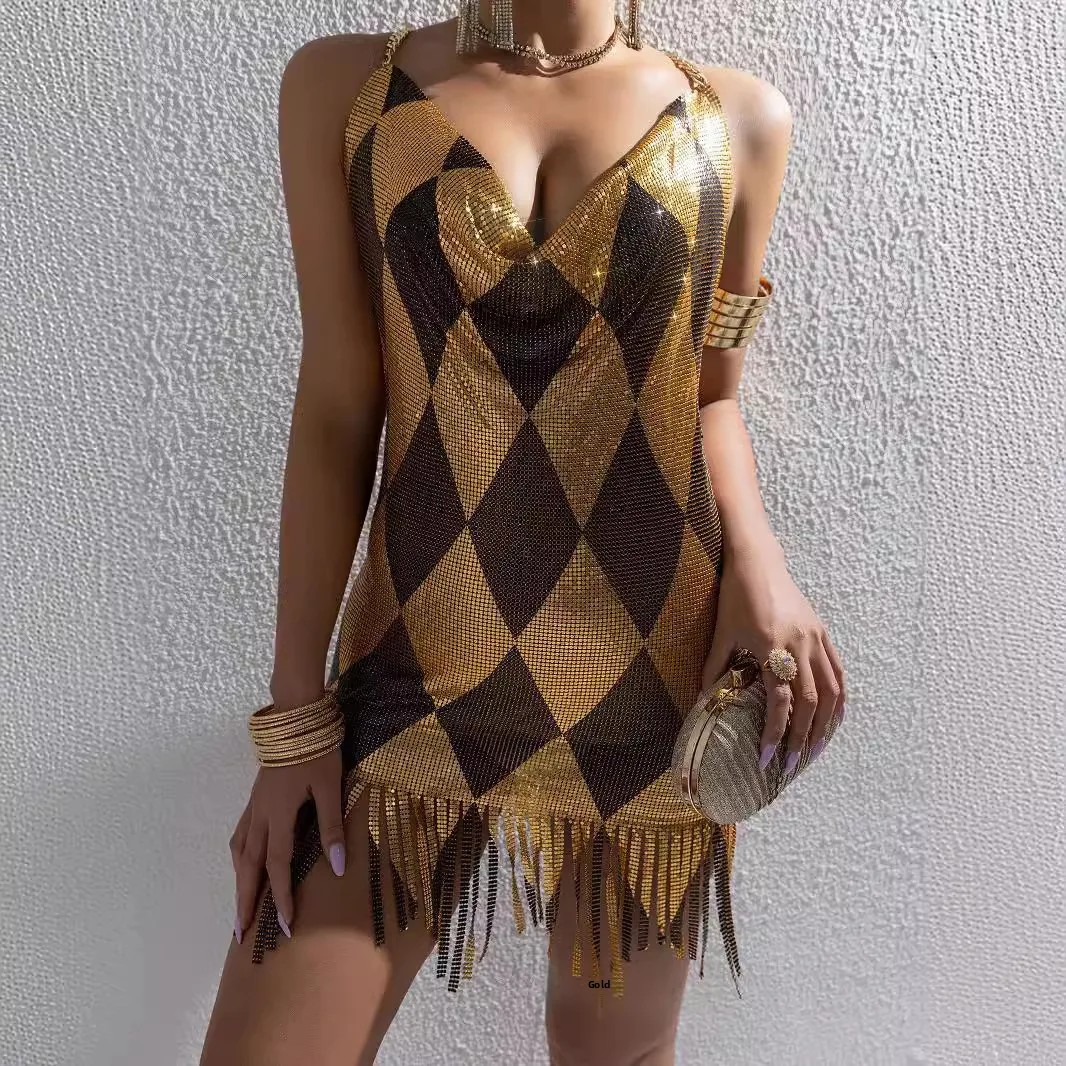 Sexy Summer Dress, Women’s Sleeveless Mini Skirt, with Metal Splice and V Neck Backless Fashion Sexy Summer Dress, Women’s Sleeveless Mini Skirt, with Metal Splice and V Neck Backless Fashion