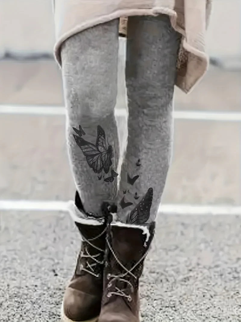 Butterfly Printed Leggings, Womens Plus Size, High Waisted Tights, Casual Long Pants for Spring and Autumn