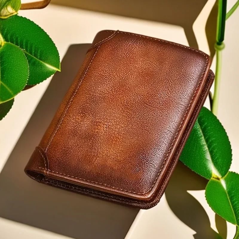 Mens Genuine Leather Wallet, RFID Anti Theft, Large Capacity Trifold, Fashion Card Holder with Photo Position