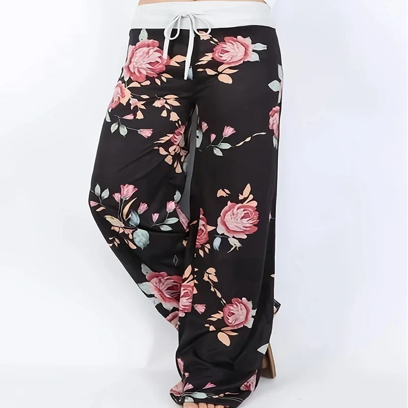 Women's Printed Wide Leg Pants, Loose and Comfortable Yoga Pants with Drawstring, Casual Comfort Wear