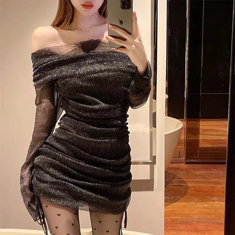 Sensual Off Shoulder Strapless Dress, Womens Early Autumn Mesh Slimming Gown, Hip Covering Bodycon Dress Sensual Off Shoulder Strapless Dress, Womens Early Autumn Mesh Slimming Gown, Hip Covering Bodycon Dress