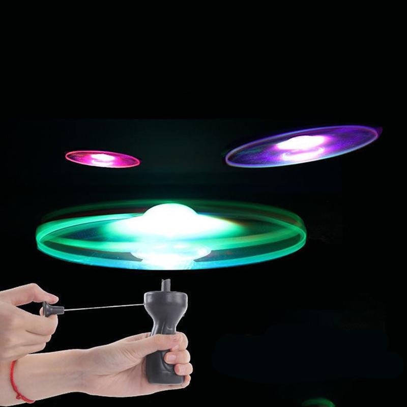 LED Flying Saucer Pull String Flying Disc Kids Outdoor Rotating UFO Toy