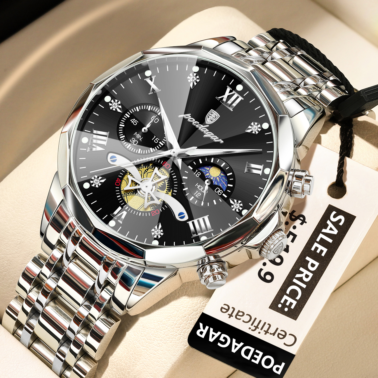 POEDAGAR Luxury Chronograph Watch for Men Waterproof Stainless Steel Quartz Timepiece