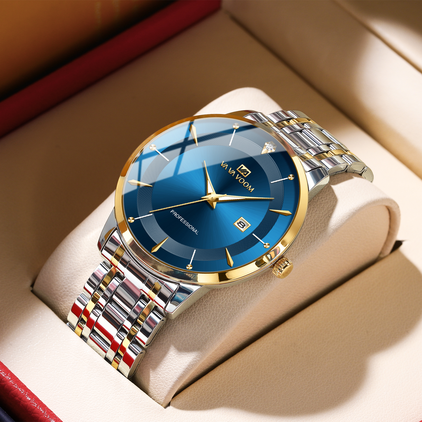 Prestige Blue Gold Luxury Quartz Watch for Men Stainless Steel Business Timepiece