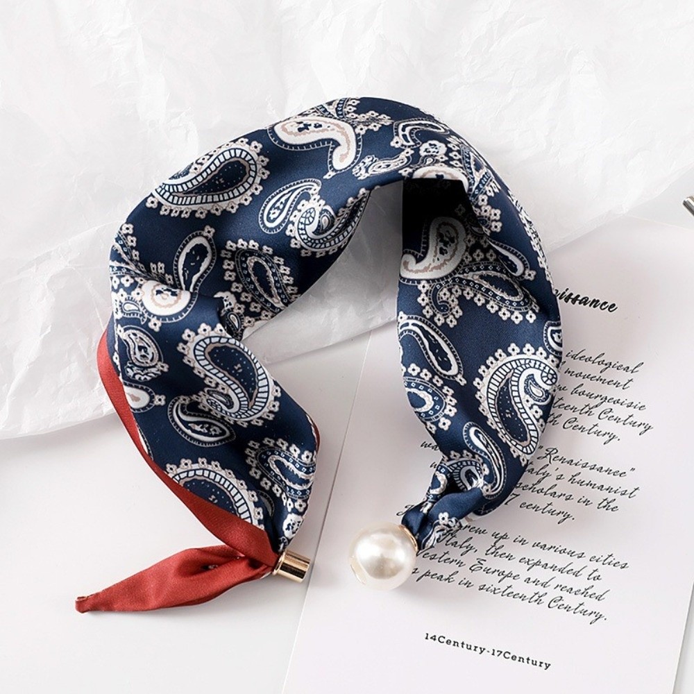 Elegant Silk Neck Scarf with Pearl Buckle for Women Lightweight Printed Neckerchief