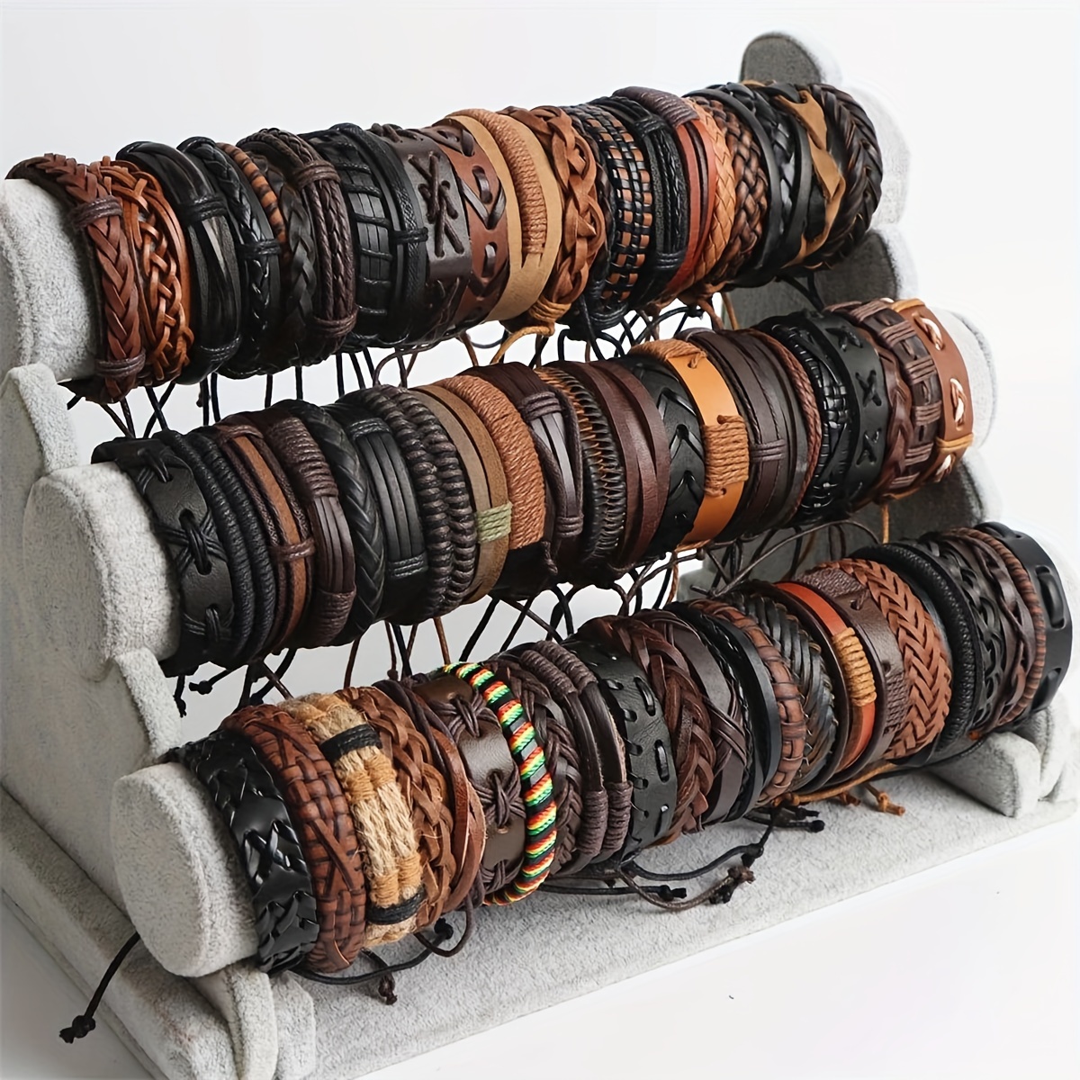 Handmade Braided Leather Bracelet Wrap Bracelet Set with Wood Beads for Men & Women