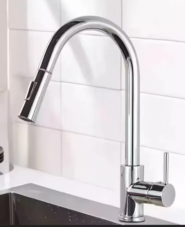 Modern Stainless Steel Pull Out Kitchen Faucet with Swivel High Arc Single Hole Design
