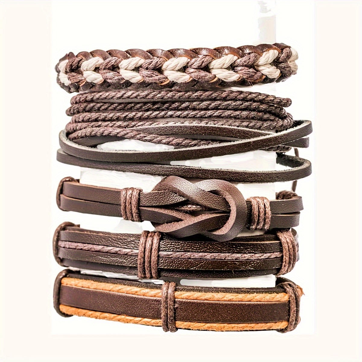 Braided Leather Bracelet Set with Wood Beads & Boho Wrap Designs for Men & Women