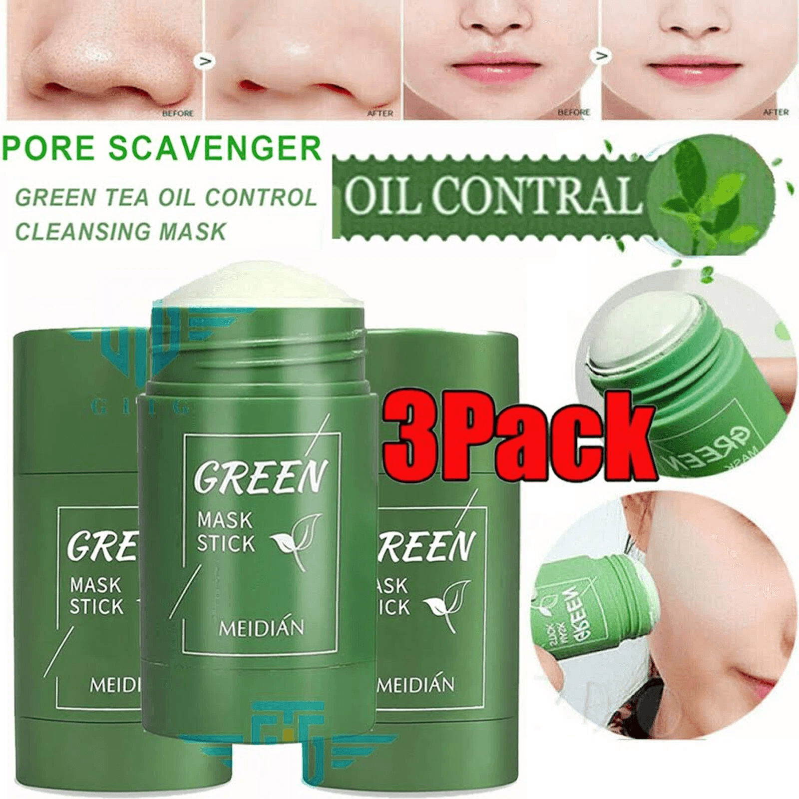 Green Tea Facial Mask Stick Set, Pore Purifying, Oil Control & Acne Treatment