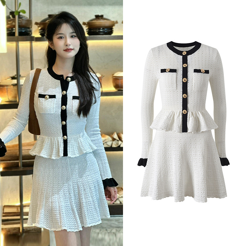 slim fit dress slacks Mixed Media Fit and Flare Sweater Dress – English Factory main image 0