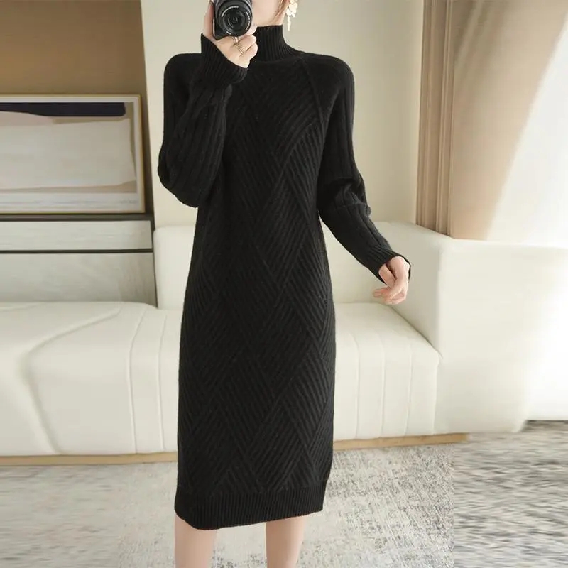 Autumn Winter Warm Korean Turtleneck, Long Sleeve Bottoming Knitted Dresses, Straight Sweater Dresses Women Casual Knee - Black xxxl | Fashion Sheath