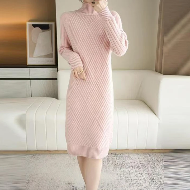 Women Wool Sweater Dress Autumn Winter, Mock Neck Ribbed Solid Knit, Elegant Party Dress for Ladies