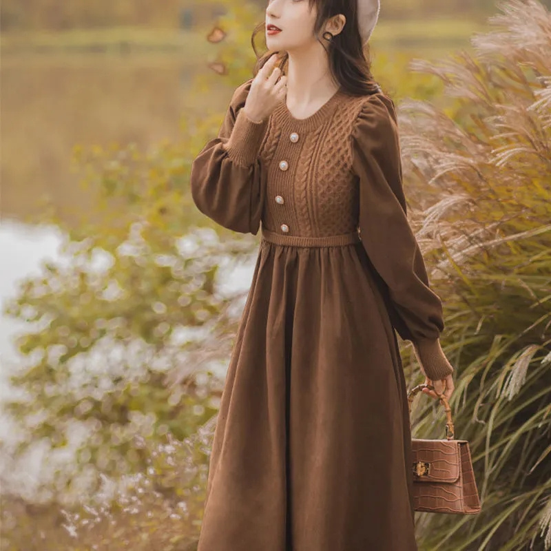 Autumn Ladies Long Styles Sweater Dress, Women NewCasual O Neck Long Dresses, Lantern Sleeve Knitted Two Piece Dress