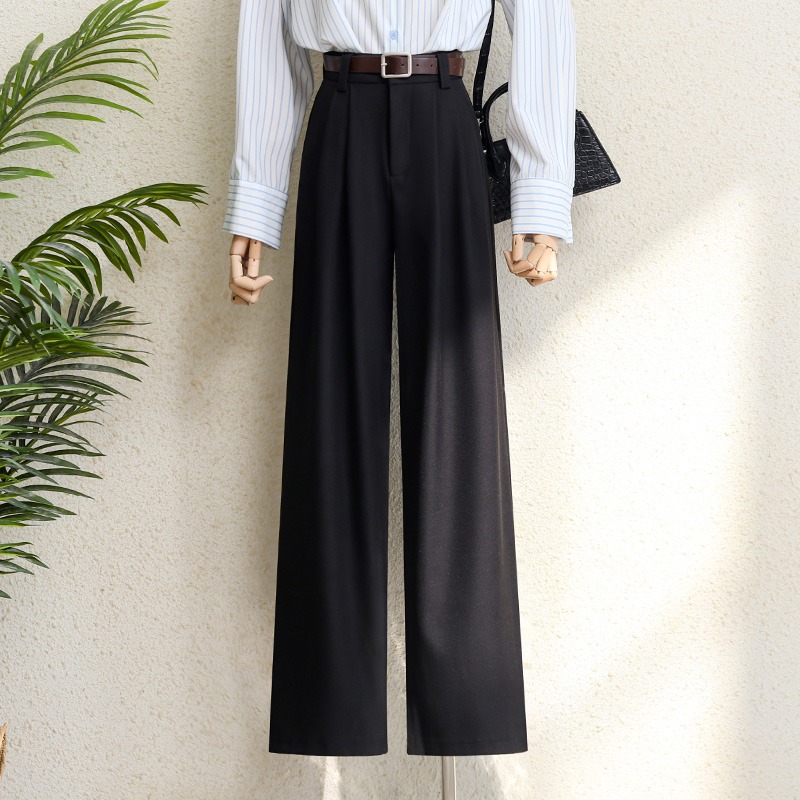 Office Lady Elegant High Waist Wide Leg Fashion Trousers with Pockets, New Burgundy Suits Pants for Women