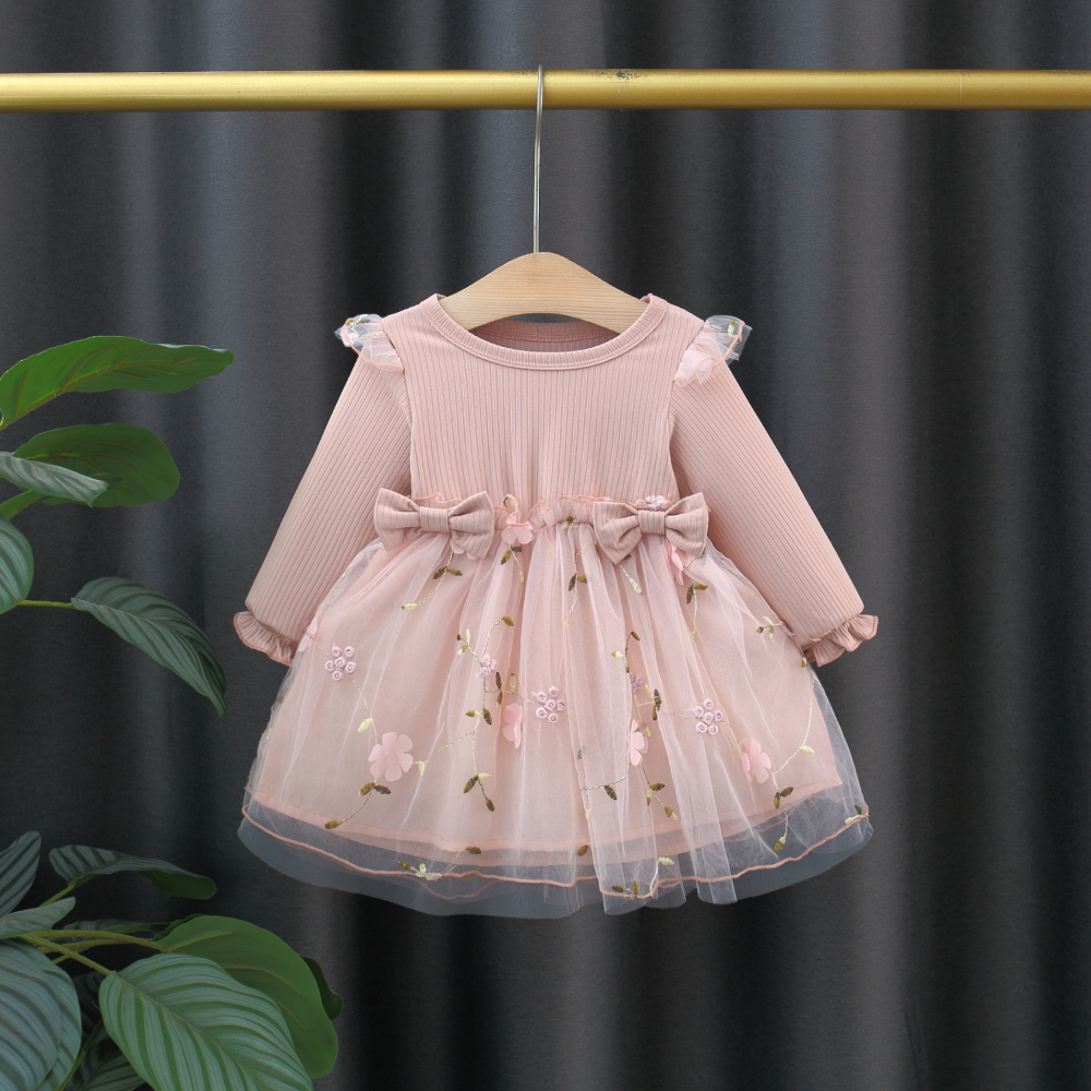 Fashion Autumn Spring Toddler Baby Dress Round Neck Knit Long Sleeve with Flower Embroidery Casual Pink Baby Dress