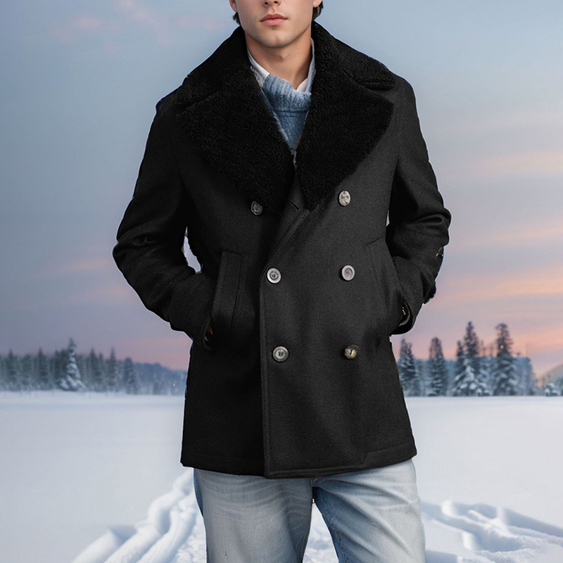 Stylish Mens Wool Pea Coat with Contrast Detail, Double Breasted Design and Warm Long Sleeves, Smart Casual Outerwear