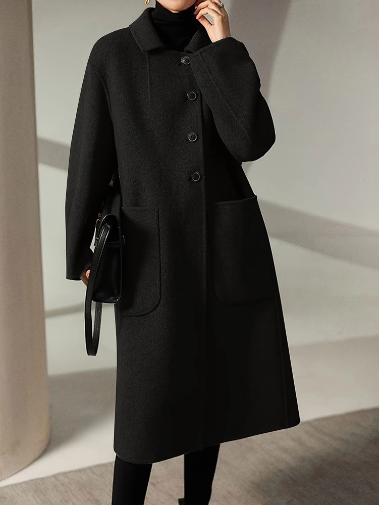 Oversized Plus Size Long Trench Coat, Elegant Wool Blend Pea Coat, Single Breasted Winter Warm Coat With Pockets