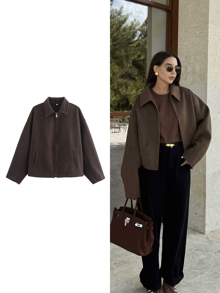 Women Wide Solid Colour Zip Tweed Jacket Long Sleeve Coat